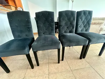 Set of table + 6 Dark Grey Velvet Dining Chairs — Very Good Condition
