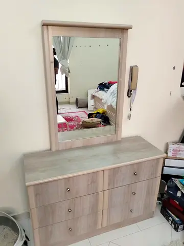 Wooden Dressing Table with Mirror - Light Oak Finish, 6 Drawers