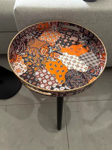 Round Decorative Tray Side Table with Patterned Top