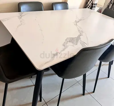White Marble-Effect Dining Table with 6 Grey Chairs