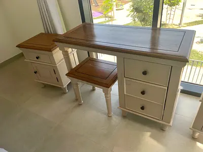 Solid Wood Dressing Table with Stool and Matching Nightstand - Light Cream  Oak Top