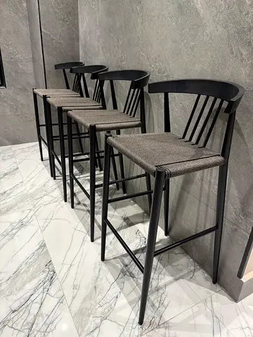 Set of Modern Black Metal Bar Stools with Woven Seats
