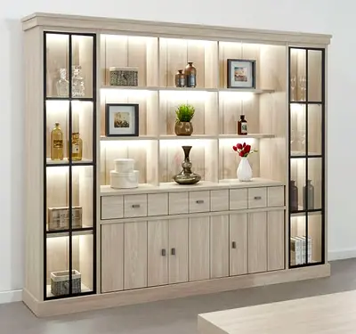 Large Light-Wood Display Cabinet with LED Shelves and Glass Doors