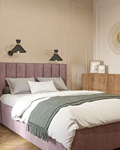 Upholstered King Bed with Padded Headboard - Light Mauve