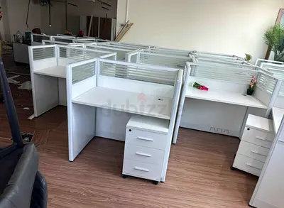 White Office Cubicles with Desks and Mobile Pedestals - Set