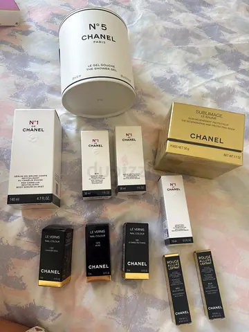 Chanel skincare  makeup bundle – N°1, N°5, Les Beiges, prices around 100aed each.