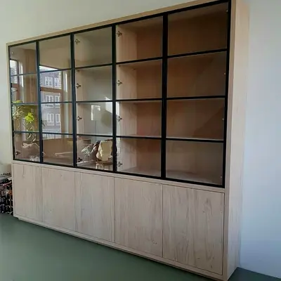 Large Wooden Display Cabinet with Glass Doors and Lower Storage