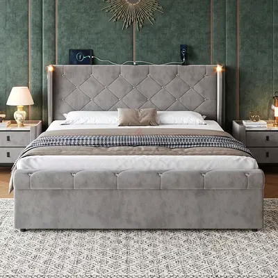 King Size Upholstered Bed with Headboard and Storage Footboard - Light Grey
