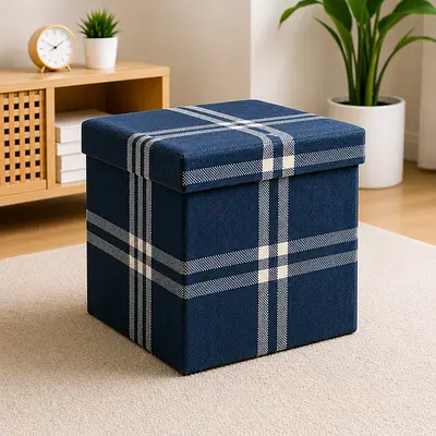 Blue Plaid Foldable Storage Ottoman / Cube Seat
