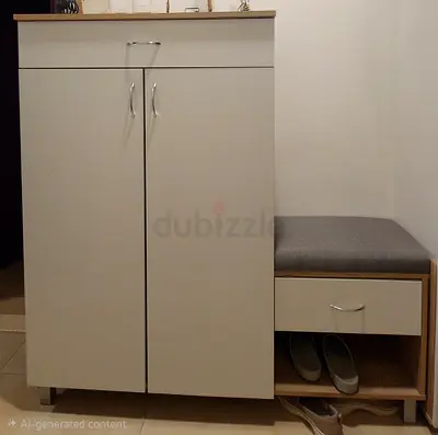 Compact entryway shoe cabinet with bench and drawer - light wood finish