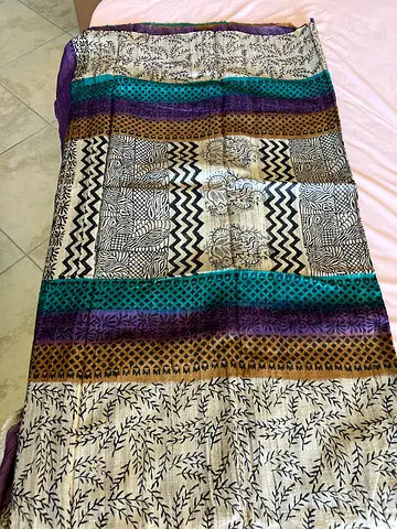 Lightweight patterned cotton/handloom saree with blouse piece   - black, teal, purple stripes