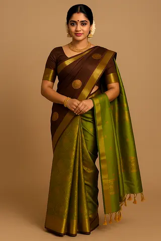 Green and Brown Silk Saree with Gold Motifs - Ready to Wear Latest original Kanchipuram Sarees