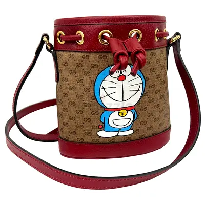 Gucci x Doraemon Small Bucket Bag - Red Trim, Authentic Canvas Crossbody