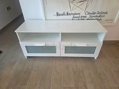 White TV Stand / Media Console with Frosted Drawer Fronts