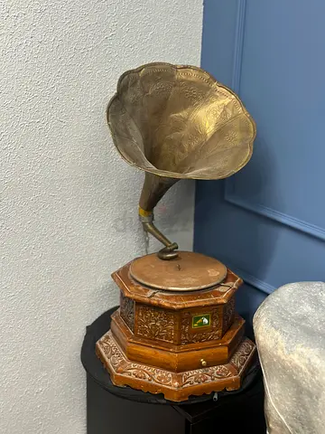 Vintage Brass Horn Gramophone with Carved Wooden Base for decoration (no working)