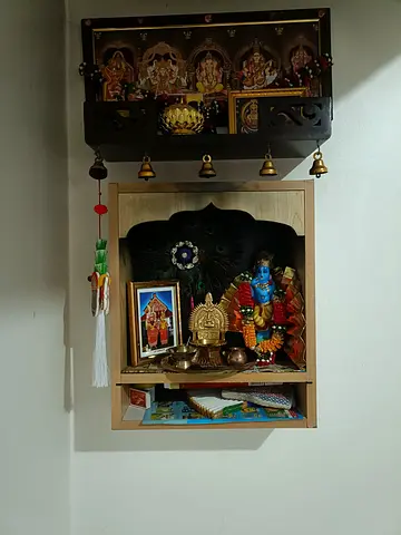 Wall-mounted Wooden Pooja Mandir with Decorative Bells