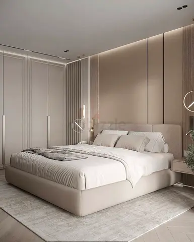 Modern upholstered queen/king bed with built-in headboard