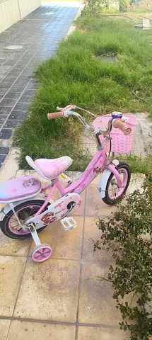 Small pink kids bicycle with training wheels and basket