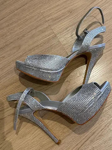 Silver Rhinestone High Heel Slingback Sandals, Size Not Specified