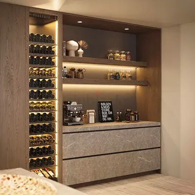 Built-in Wine  Beverage Cabinet with Marble Drawers and LED Shelving