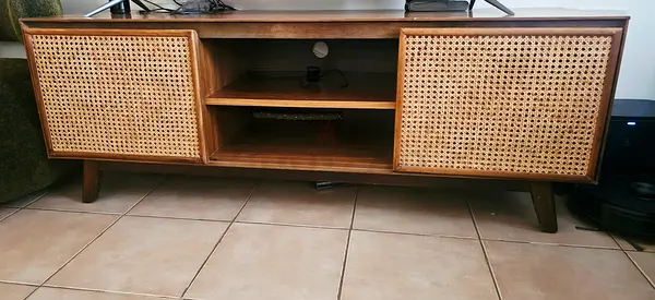Mid-century TV Cabinet / Media Console with Woven Rattan Doors