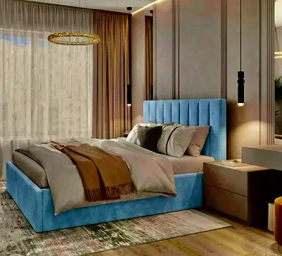 Upholstered Velvet King Bed with Padded Headboard - Blue
