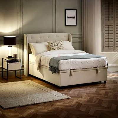 Wingback headboard beige linen full size ottoman bed