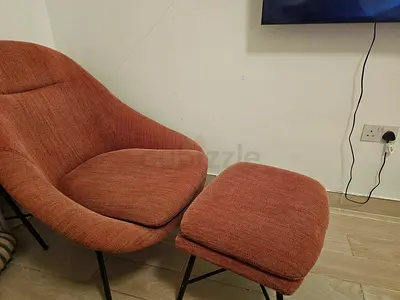 Comfortable Lounge Chair with Ottoman - Orange Fabric, Good Condition