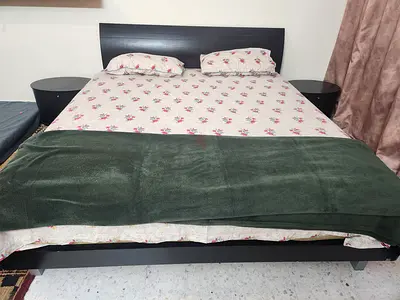 King Size Bed with Headboard and Two Nightstands - Black - Imported from japan
