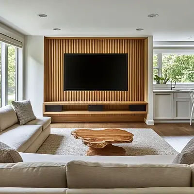 Modern Living Room TV Wall Unit with Floating Shelf and Slatted Wood Feature