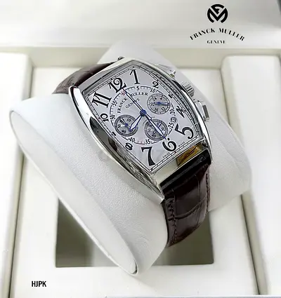 Franck Muller Style Mens Stainless Chronograph Watch with Brown Leather Strap