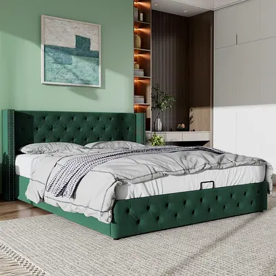 Green Tufted Upholstered King size Bed Frame
