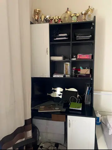 Black and White Study Desk with Overhead Shelves and Cabinets - Good Condition
