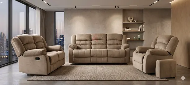 3-Piece Beige Reclining Sofa Set with Ottoman