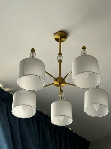 Modern 5-Arm Brass Chandelier with White Fabric Shades