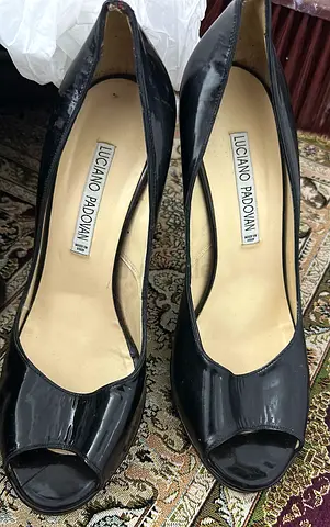 Luciano Padovan Black Patent Leather Peep-Toe Heels - Size 39