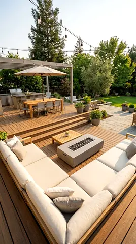 Outdoor Built-in L-Shaped Deck Sofa with Fire Pit — Excellent Condition