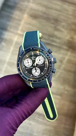 Omega swatch-style Chronograph Watch with Black Dial and Green Accent Strap