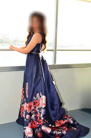 Luxury Navy Blue Satin Evening Gown with Floral Train