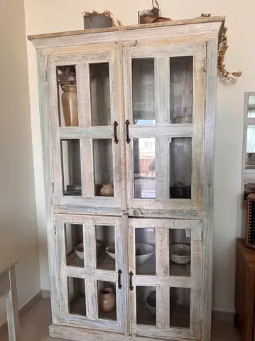 Solid Wood Glass-Front Display Cabinet / Cupboard - Distressed White Finish