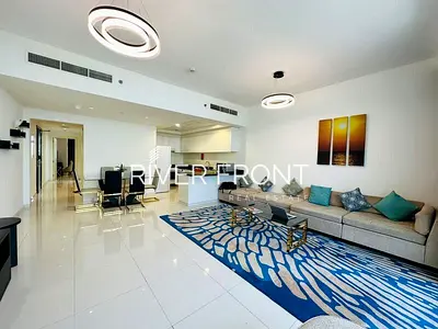 شقة مفروشة بغرفتي نوم | برج 108 JVC | شرفة وإطلالات على المدينة