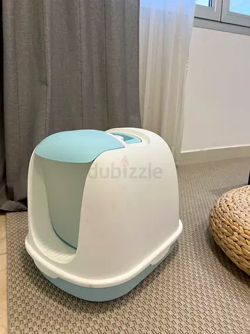 Covered Cat Litter Box - Clean, White  Blue
