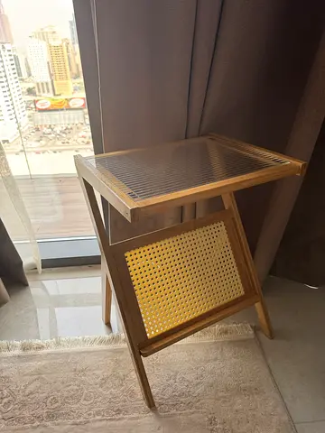 Solid Wood Side Table with Cane Shelf — Light Oak Finish