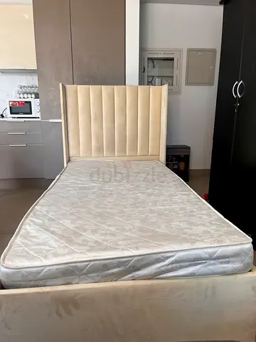 2 x Queen upholstered bed frame with mattress - beige, good condition