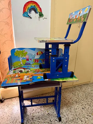 Blue Adjustable Kids Study Desk and Chair Set - Cute Cartoon Design