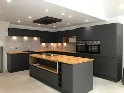 Modern Grey Matte Kitchen with Wooden Island — Complete Cabinet Set