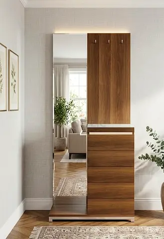Wooden Hallway Storage Cabinet with Mirror and Hooks