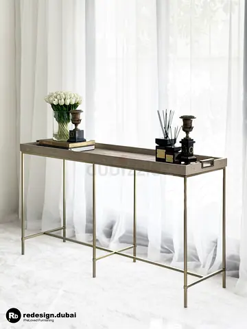 CONTEMPORARY GLAM SHAGREEN  BRASS TRAY CONSOLE TABLE or tv unit or buffet or taupe accent piece