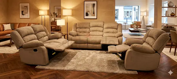 Beige 3-Seater Recliner Sofa Set with Two Recliner Chairs - Comfortable Living Room Set
