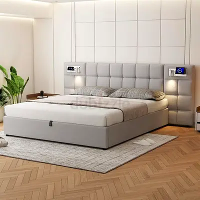 Modern Upholstered King Bed with Padded Headboard - Light Grey